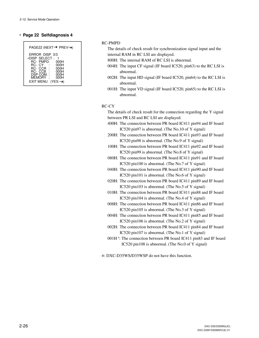 Sony DXC-D35 service manual Selfdiagnosis, Rc-Pmpd, Rc-Cy 