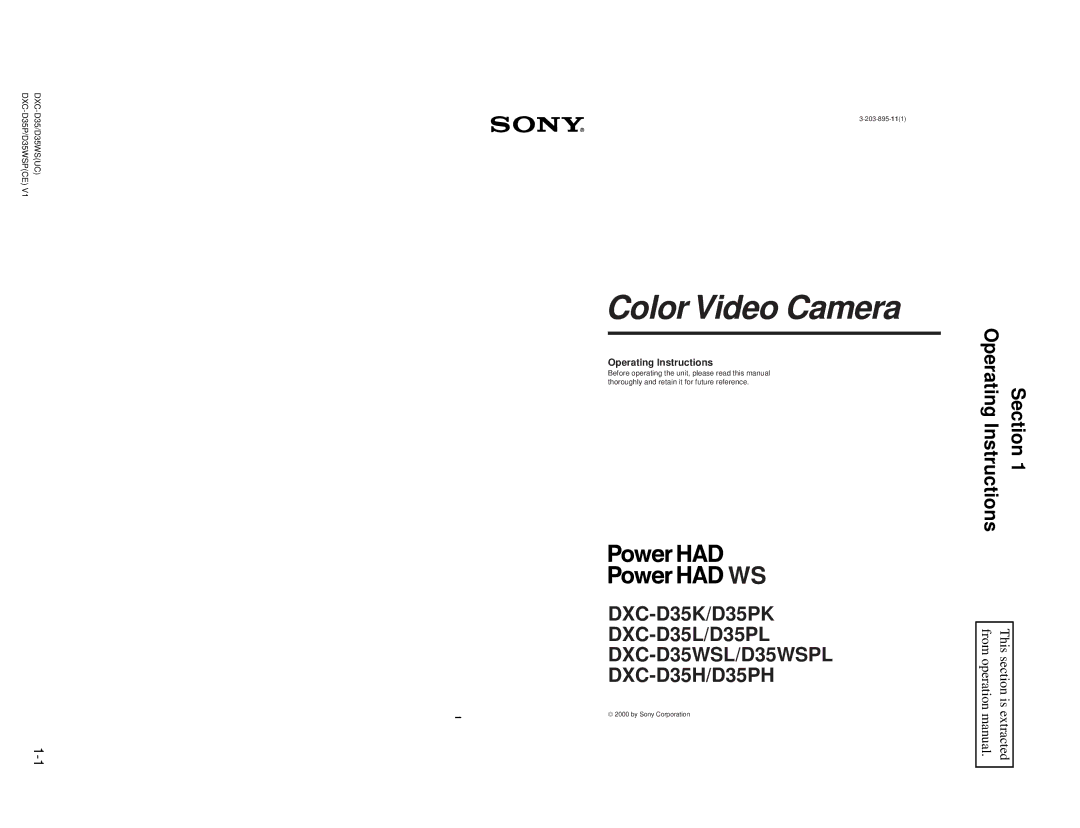 Sony DXC-D35 service manual Color Video Camera, Operating Instructions 