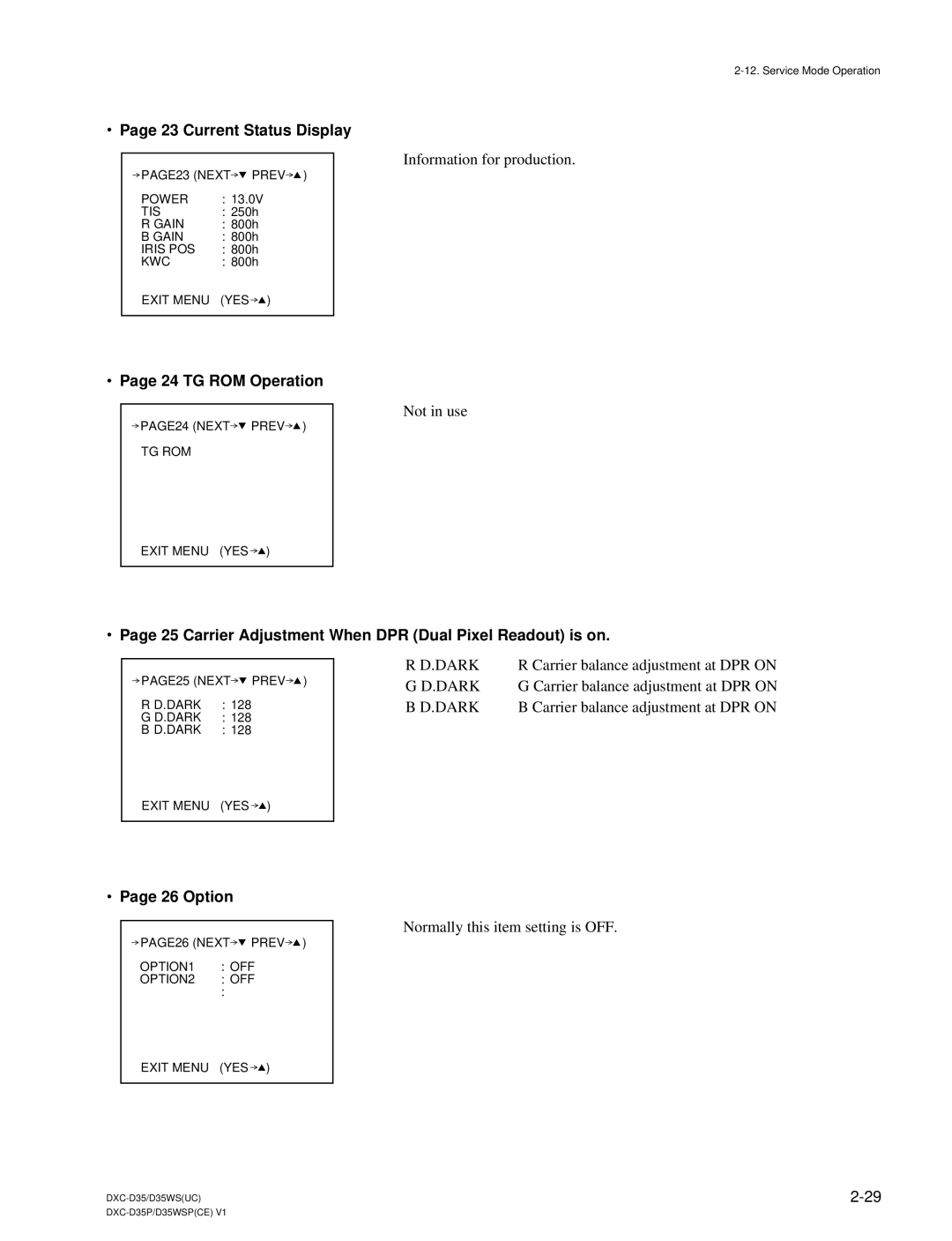 Sony DXC-D35 Current Status Display, TG ROM Operation, Carrier Adjustment When DPR Dual Pixel Readout is on, Dark, Option 