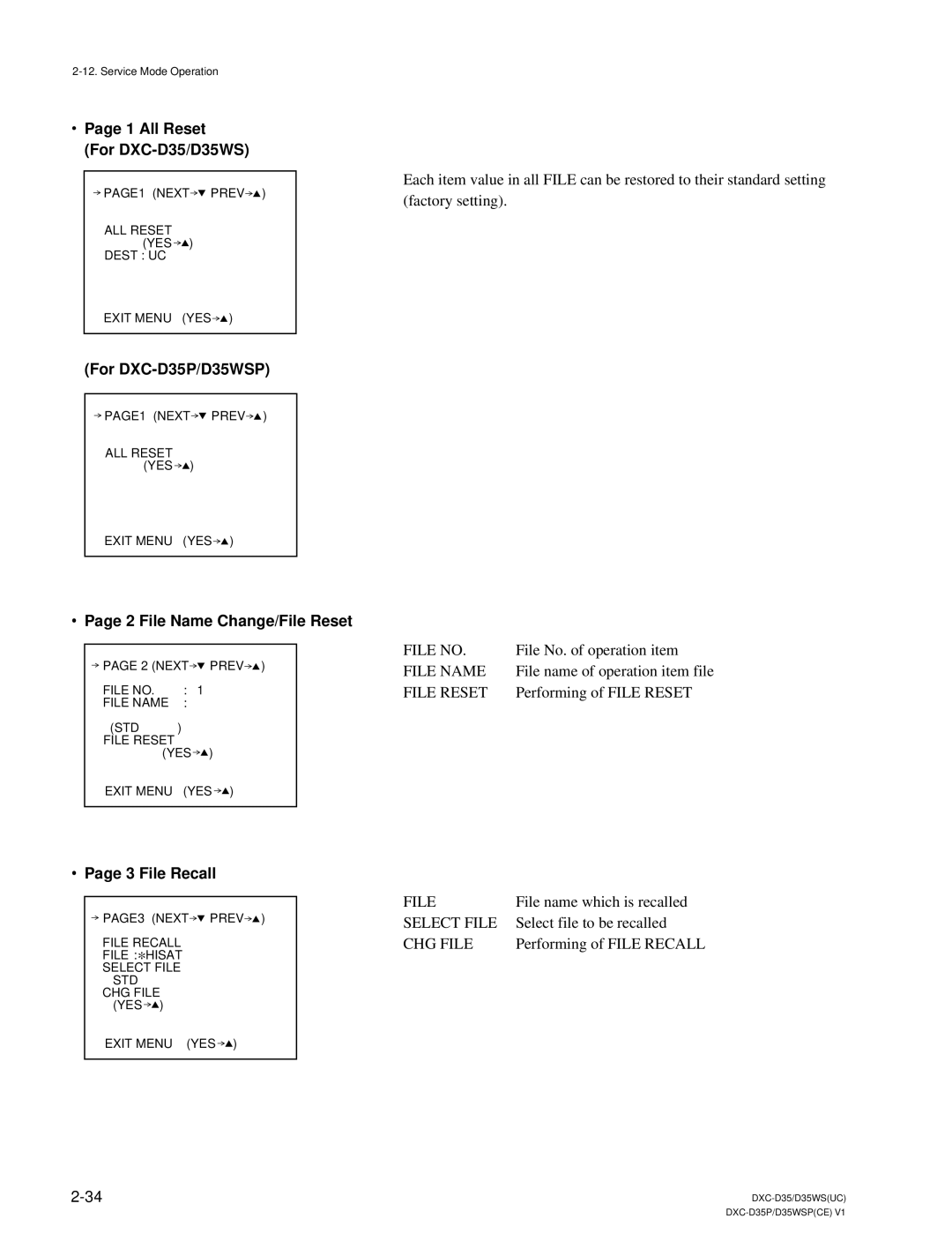 Sony service manual All Reset For DXC-D35/D35WS, File Name Change/File Reset, File Recall 