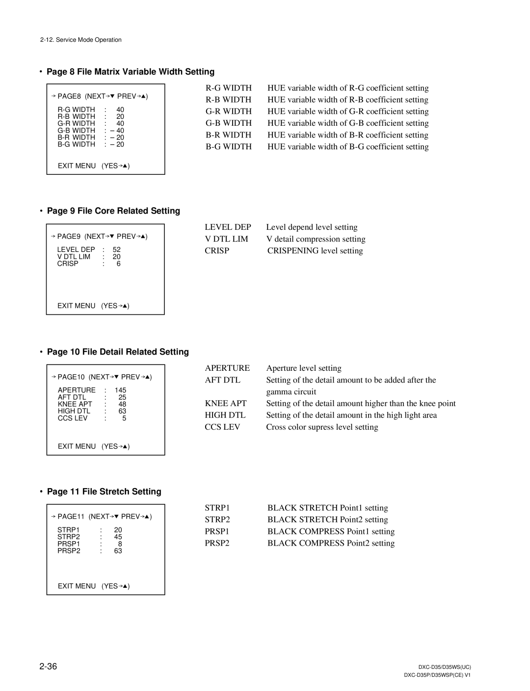 Sony DXC-D35 service manual File Matrix Variable Width Setting, File Core Related Setting, File Detail Related Setting 