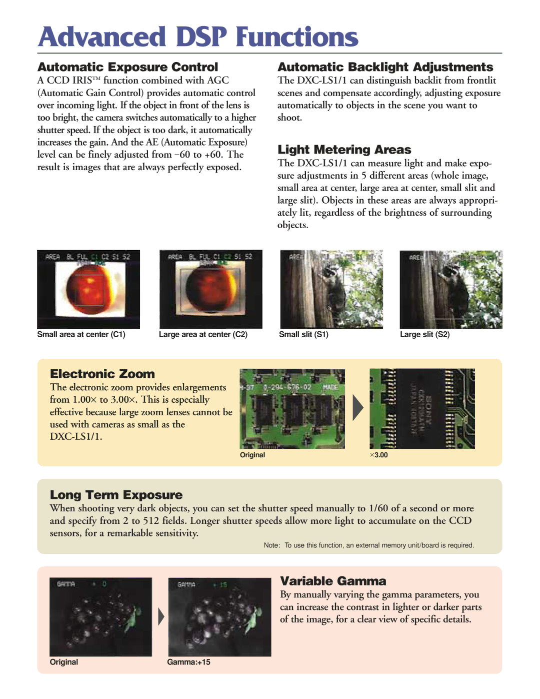 Sony DXC-LS1/1 manual Automatic Exposure Control, Automatic Backlight Adjustments, Light Metering Areas, Electronic Zoom 