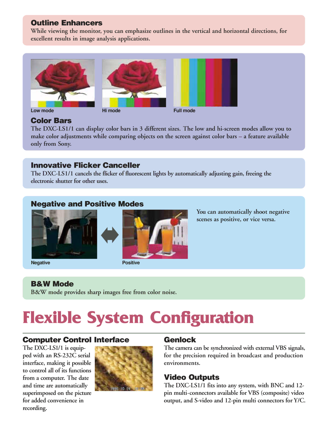 Sony DXC-LS1/1 manual Outline Enhancers, Color Bars, Innovative Flicker Canceller, Negative and Positive Modes, Genlock 