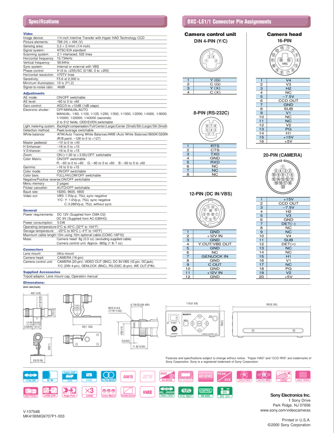 Sony DXC-LS1/1 manual Specifications 