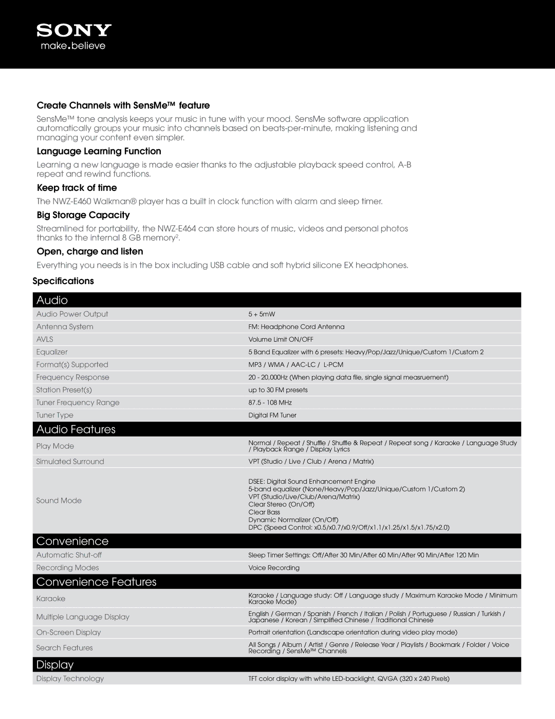 Sony E-SERIES manual Audio Features, Convenience Features, Display 