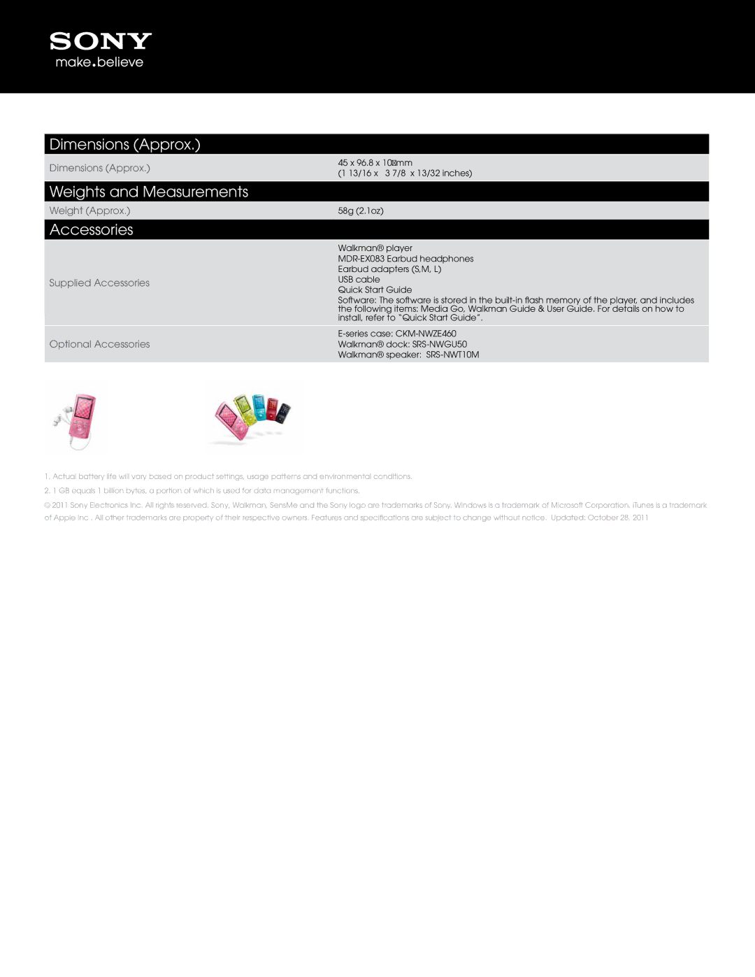 Sony E-SERIES manual Dimensions Approx, Weights and Measurements, Accessories 