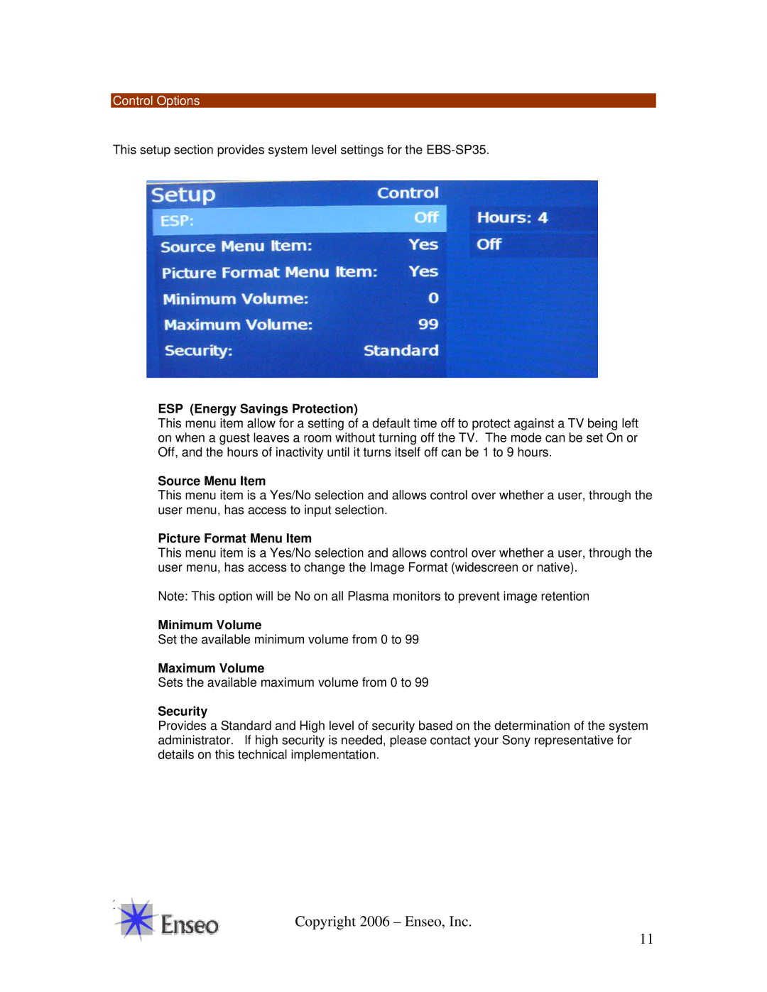 Sony EBS-SP35 ESP Energy Savings Protection, Source Menu Item, Picture Format Menu Item, Minimum Volume, Maximum Volume 