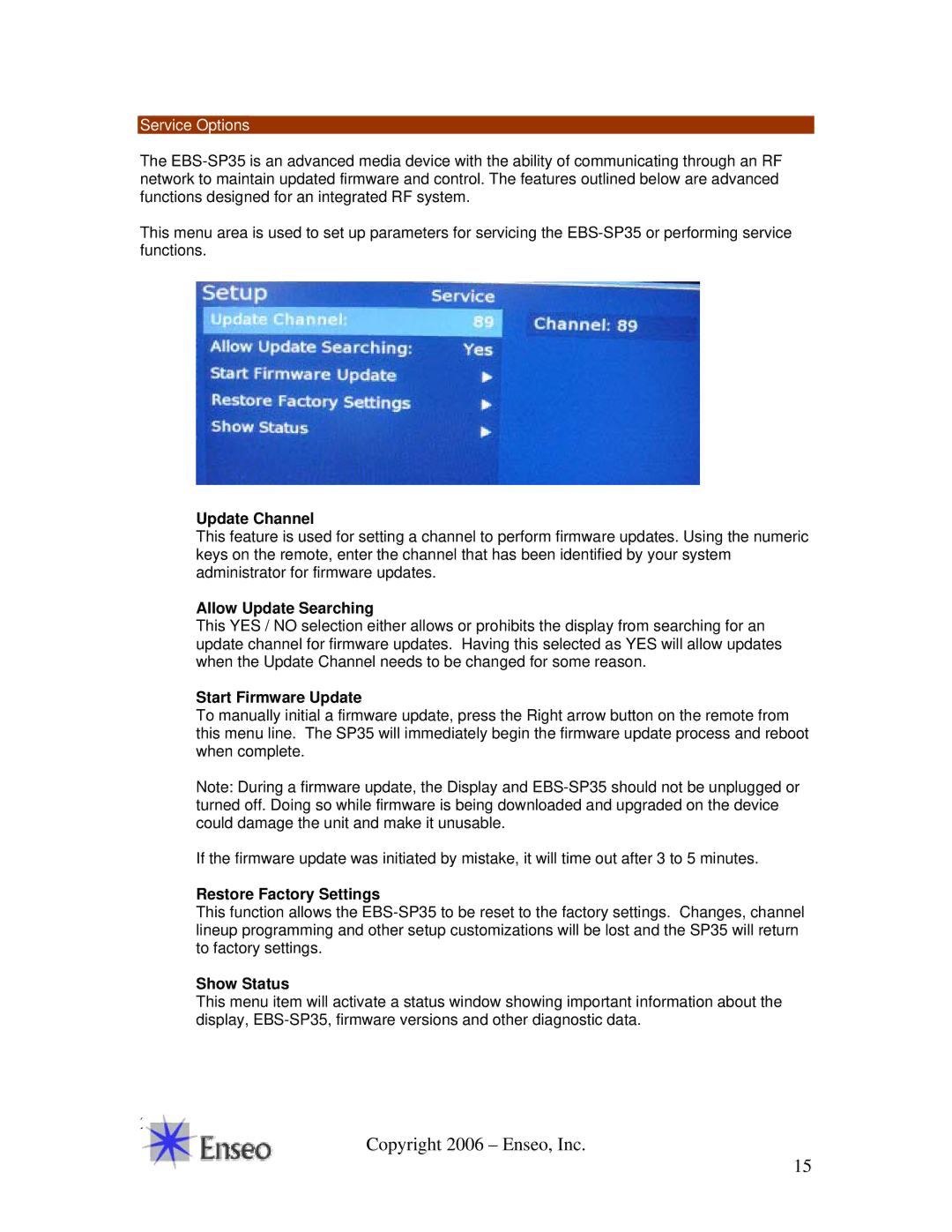 Sony EBS-SP35 manual Update Channel, Allow Update Searching, Start Firmware Update, Restore Factory Settings, Show Status 