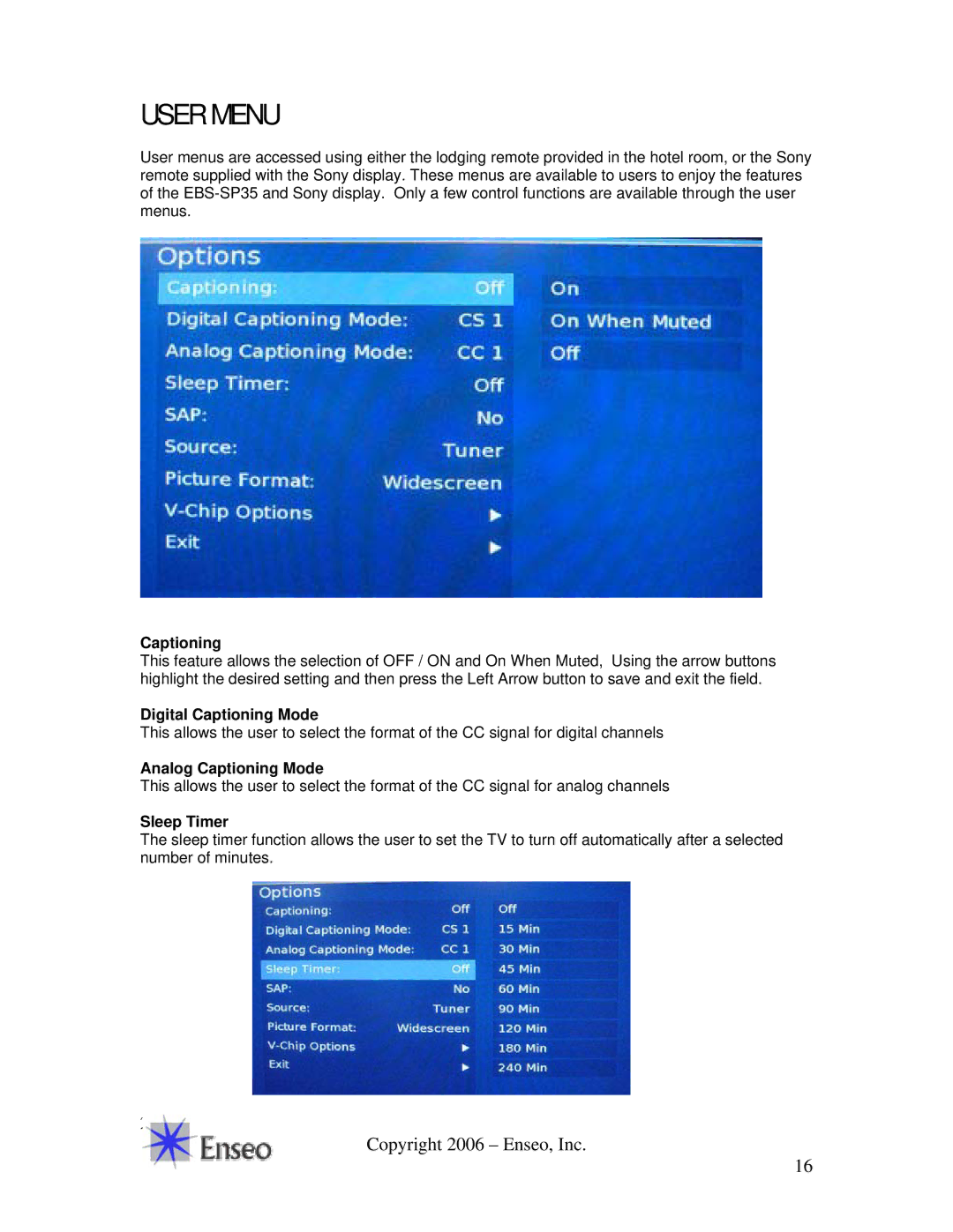 Sony EBS-SP35 manual User Menu, Sleep Timer 