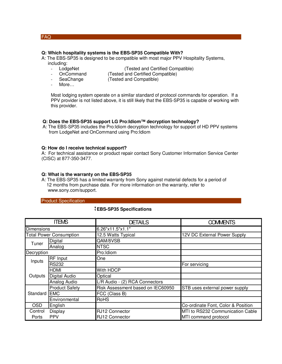 Sony manual Which hospitality systems is the EBS-SP35 Compatible With?, How do I receive technical support? 