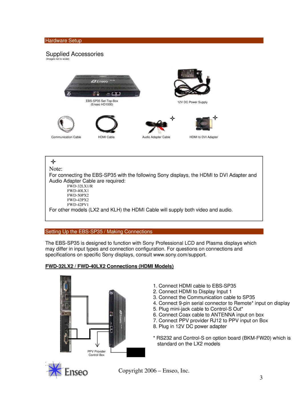 Sony manual Hardware Setup, Setting Up the EBS-SP35 / Making Connections, FWD-32LX2 / FWD-40LX2 Connections Hdmi Models 