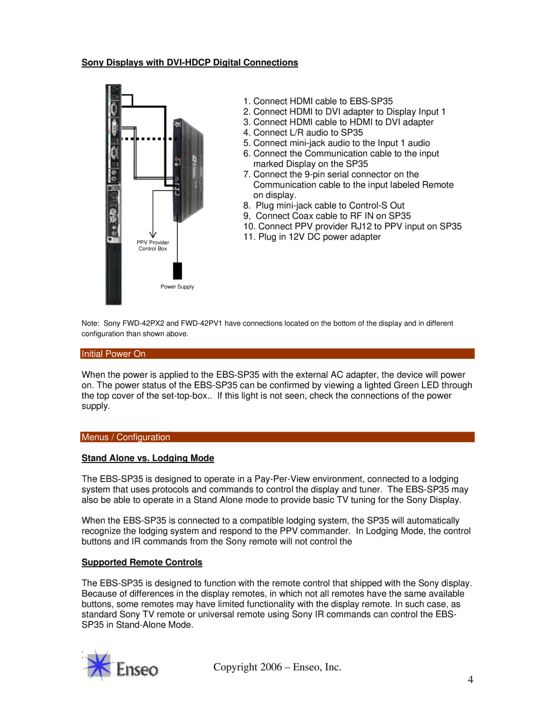 Sony EBS-SP35 manual Sony Displays with DVI-HDCP Digital Connections, Initial Power On, Menus / Configuration 