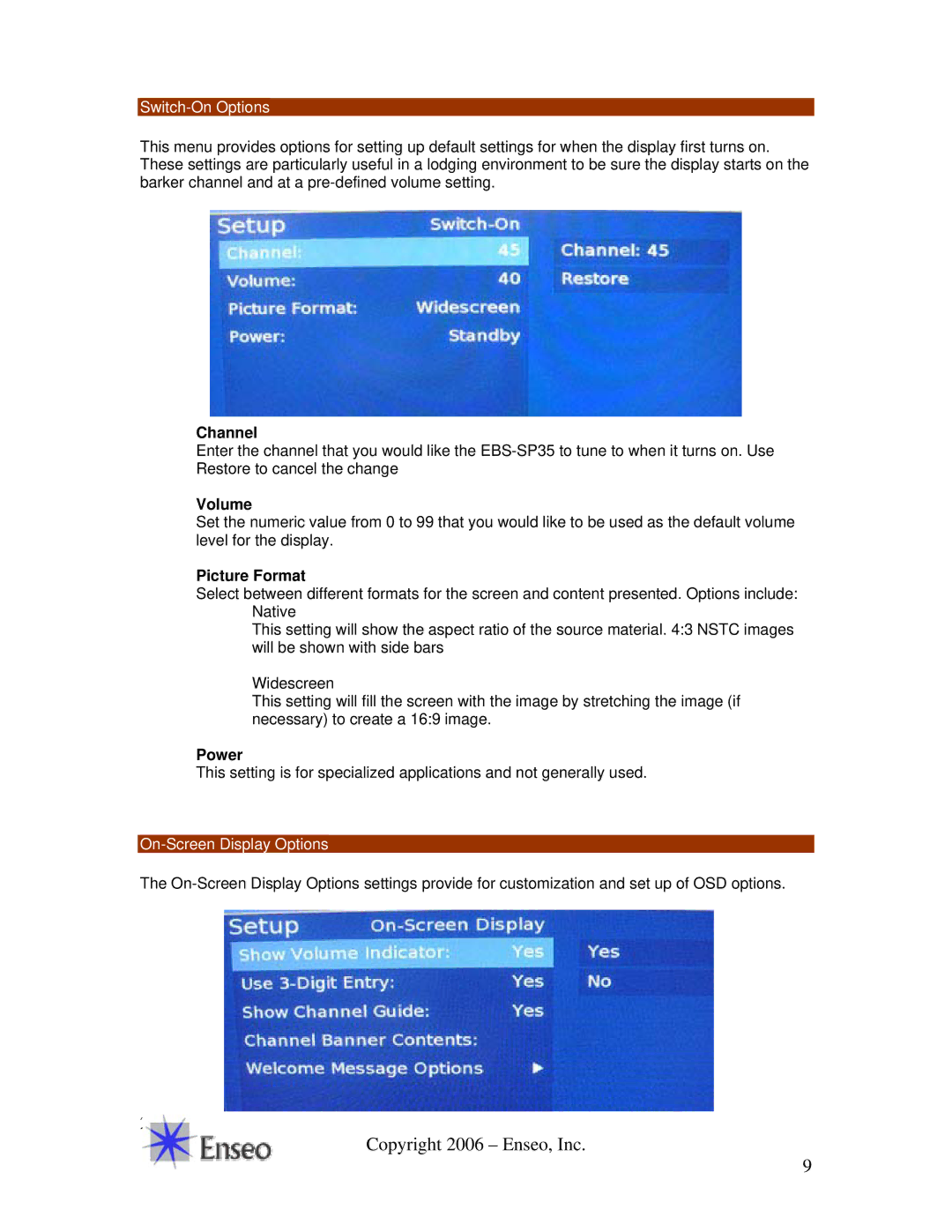 Sony EBS-SP35 manual Switch-On Options, Volume, Picture Format, Power, On-Screen Display Options 