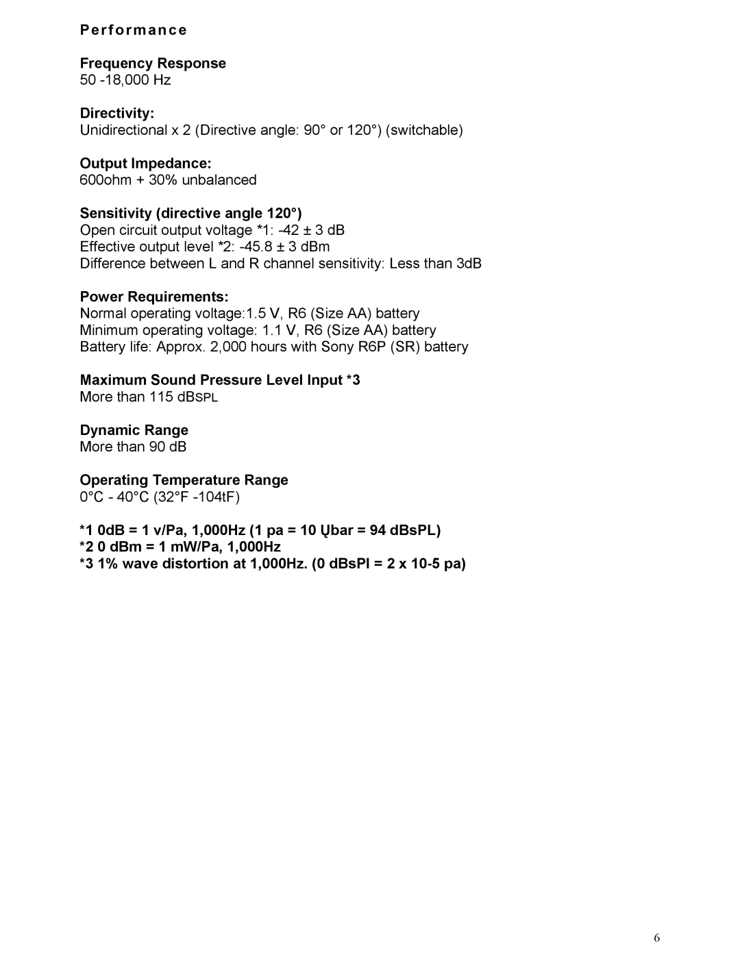 Sony ECM MS957 R f o r m a n c e Frequency Response, Directivity, Output Impedance, Sensitivity directive angle 