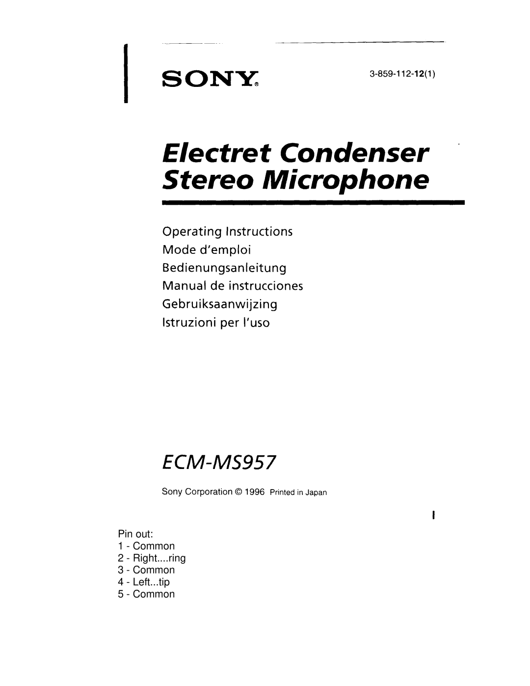 Sony ECM-MS957 manual Pin out Common Right....ring Left...tip 