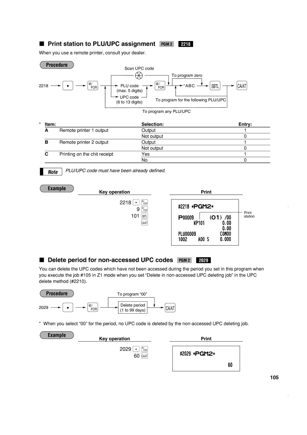 Sony ER-A410, ER-A420 60 Ç, Print station to PLU/UPC assignment PGM 2, Delete period for non-accessed UPC codes PGM 2, 105 