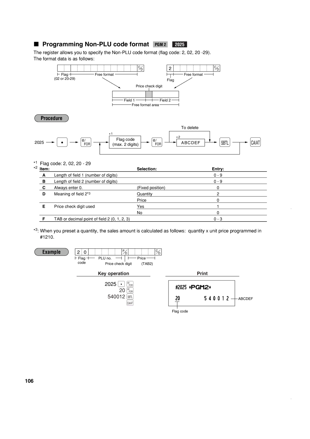 Sony ER-A420, ER-A410 instruction manual Programming Non-PLU code format PGM 2, 2025 . ` 20 ` 540012 ı, 106 