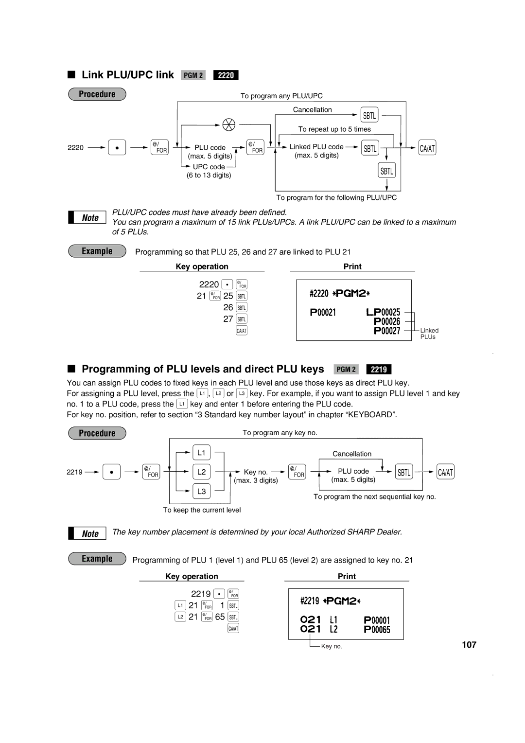 Sony ER-A410, ER-A420 21 @ 25 t 26 t 27 t, Link PLU/UPC link, Programming of PLU levels and direct PLU keys PGM 2, 107 