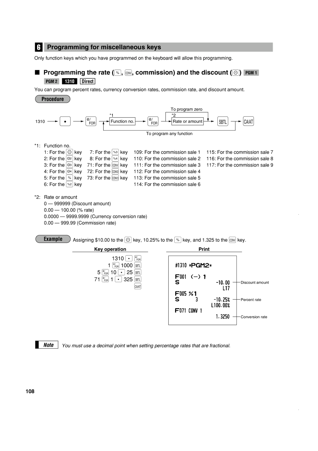 Sony ER-A420, ER-A410 Programming for miscellaneous keys, Programming the rate %, ç, commission and the discount PGM, 108 