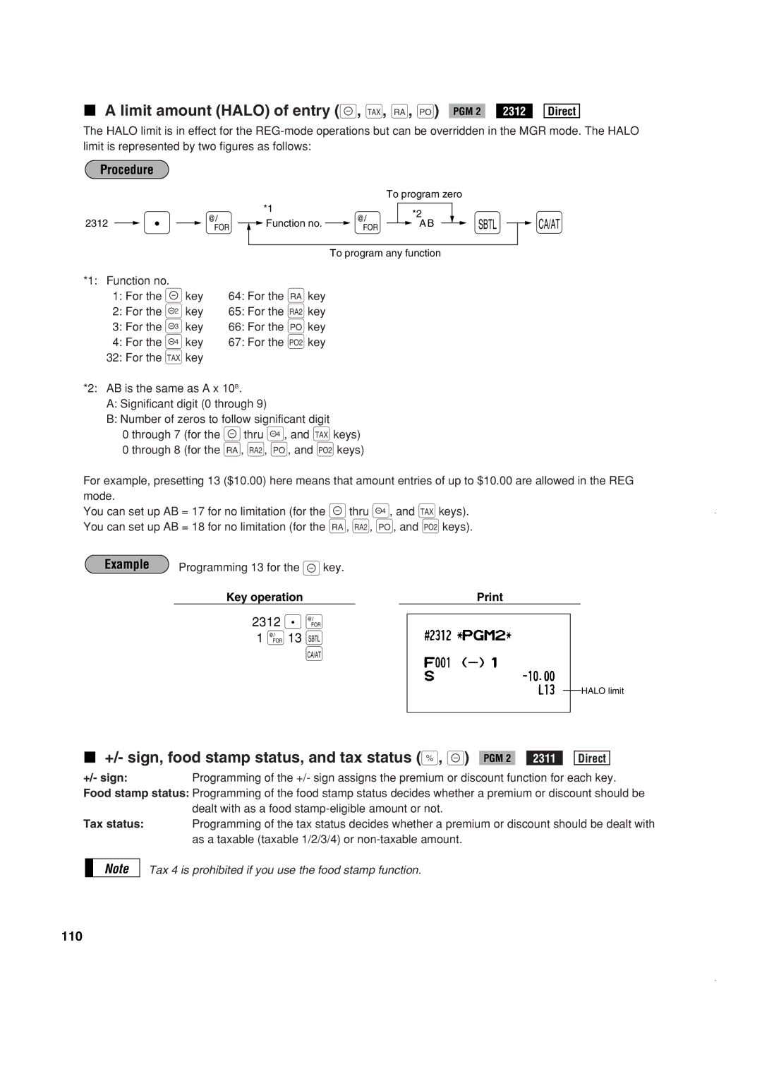 Sony ER-A420 @ 13 ı a, Limit amount Halo of entry -, †, r, p PGM 2, +/- sign, food stamp status, and tax status %, PGM 2 