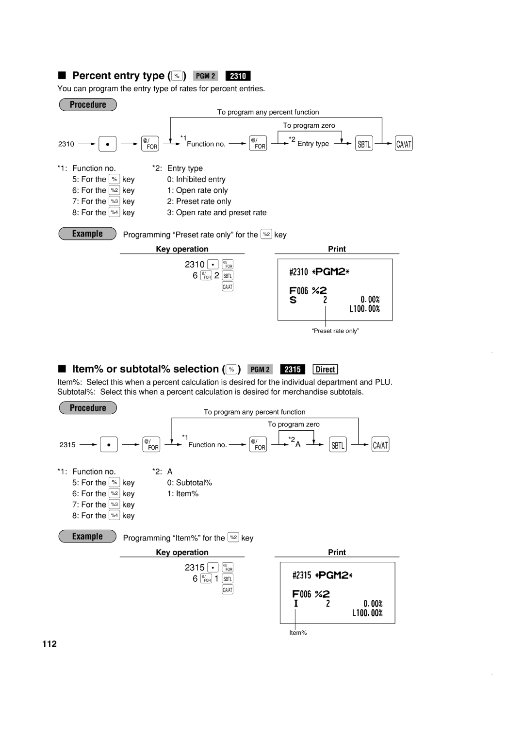 Sony ER-A420, ER-A410 @ 2 ı a, @ 1 ı a, Percent entry type % PGM 2, Item% or subtotal% selection % PGM 2, 112 