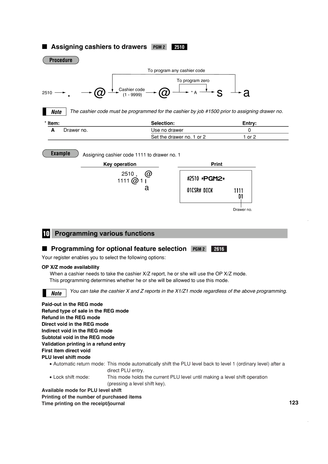 Sony ER-A410, ER-A420 Assigning cashiers to drawers PGM 2, 2510 . @ 1111 @ 1 ı, 123, OP X/Z mode availability 