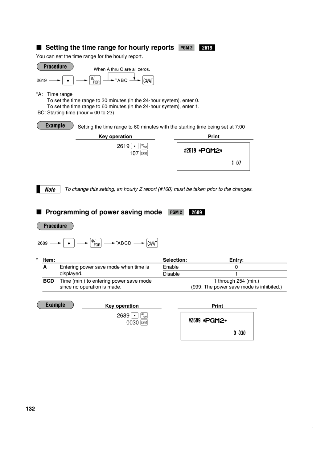 Sony ER-A420, ER-A410 107 a, Setting the time range for hourly reports PGM 2, Programming of power saving mode PGM 2, 132 