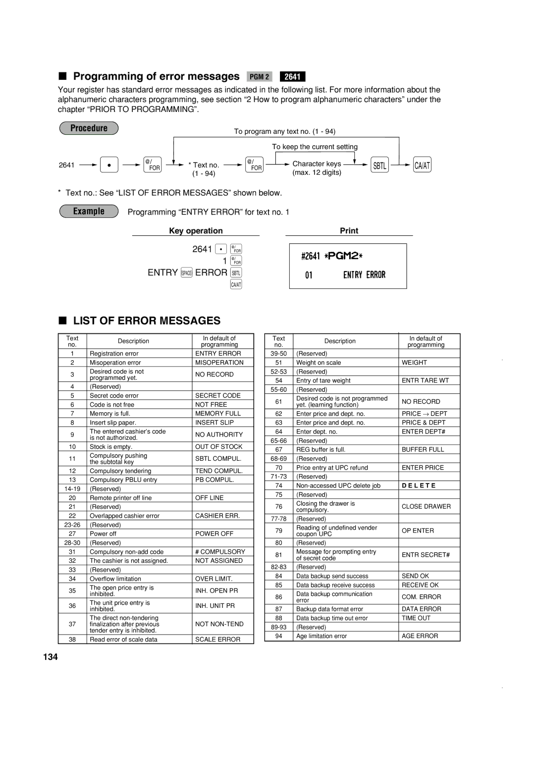 Sony ER-A420, ER-A410 instruction manual Programming of error messages PGM 2, 2641 . @ Entry / Error t, 134 