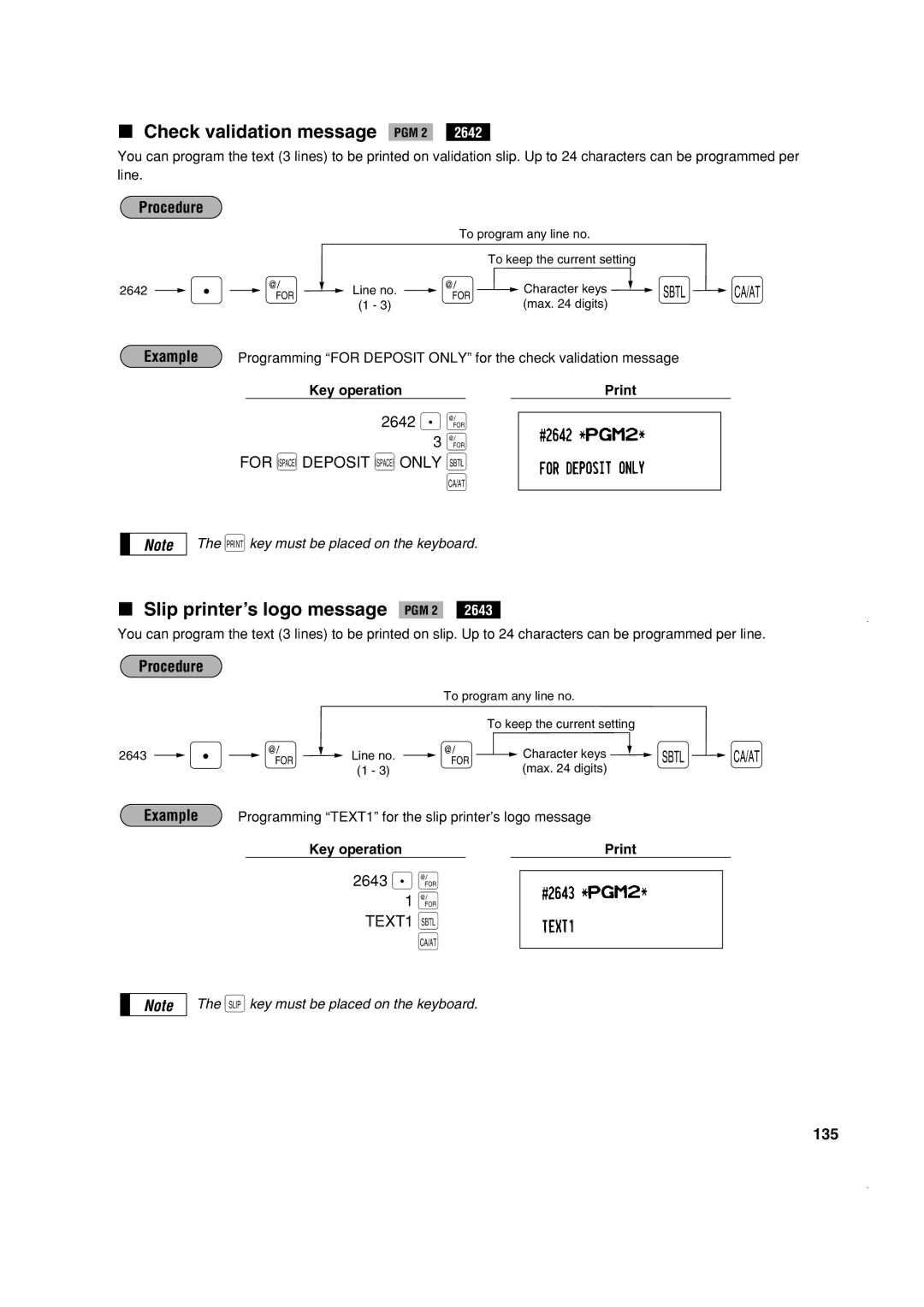 Sony ER-A410 Check validation message PGM 2, Slip printer’s logo message PGM 2, 2642 . @ For / Deposit / only t, 135 