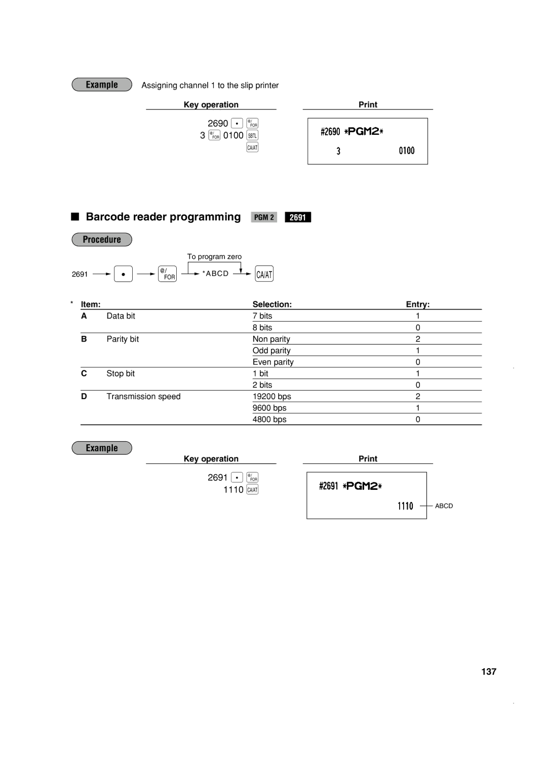 Sony ER-A410, ER-A420 instruction manual Barcode reader programming, 2690 . @ @ 0100 t, 2691 . @ 1110 Ç, 137 