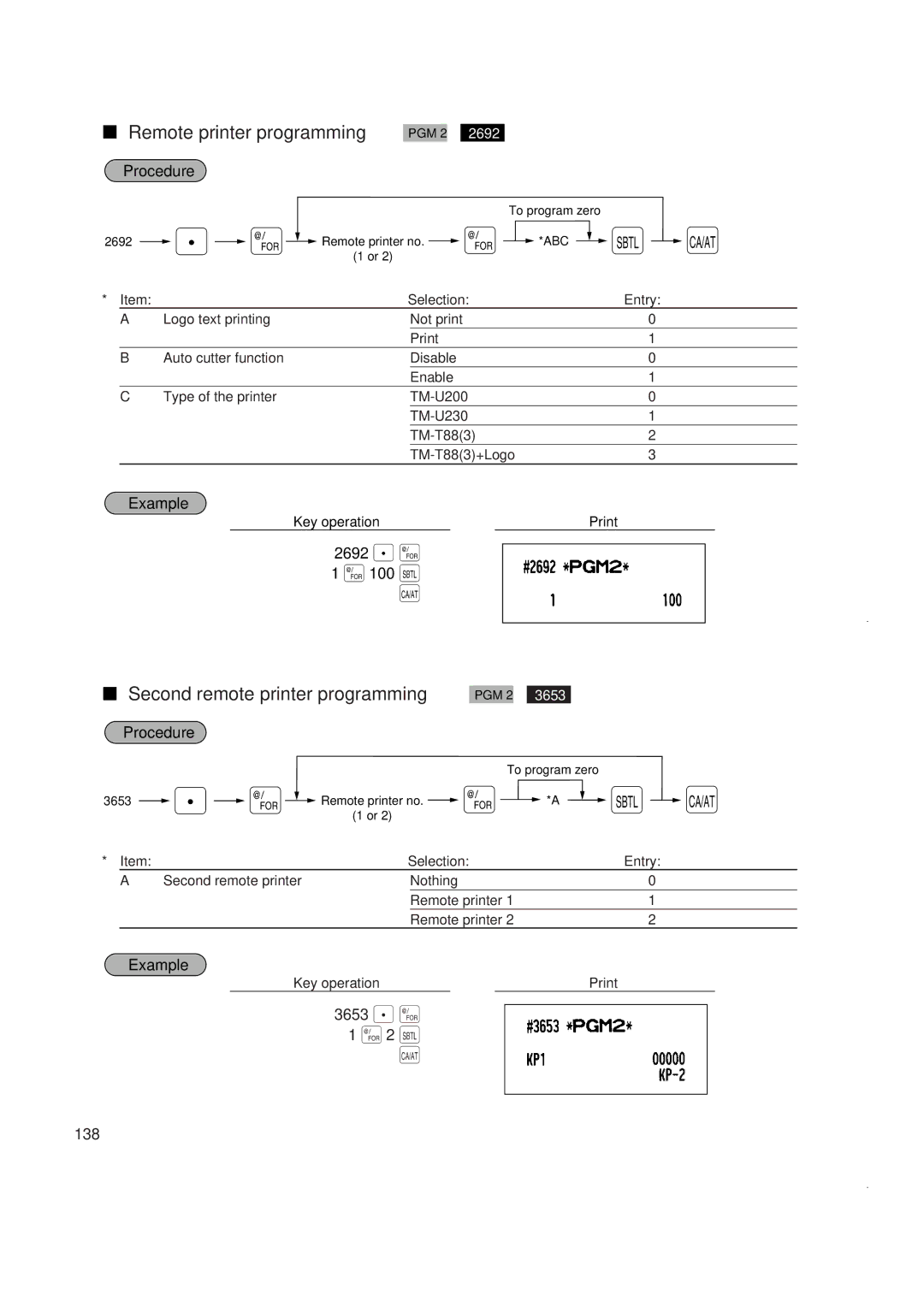 Sony ER-A420, ER-A410 instruction manual @ 2 t, Remote printer programming, Second remote printer programming, 138 