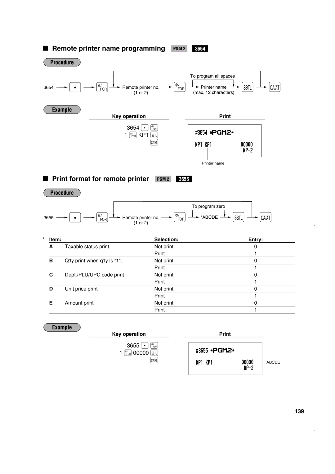 Sony ER-A410 Remote printer name programming, Print format for remote printer, 3654 . @ @ KP1 t, 3655 . @ @ 00000 t, 139 