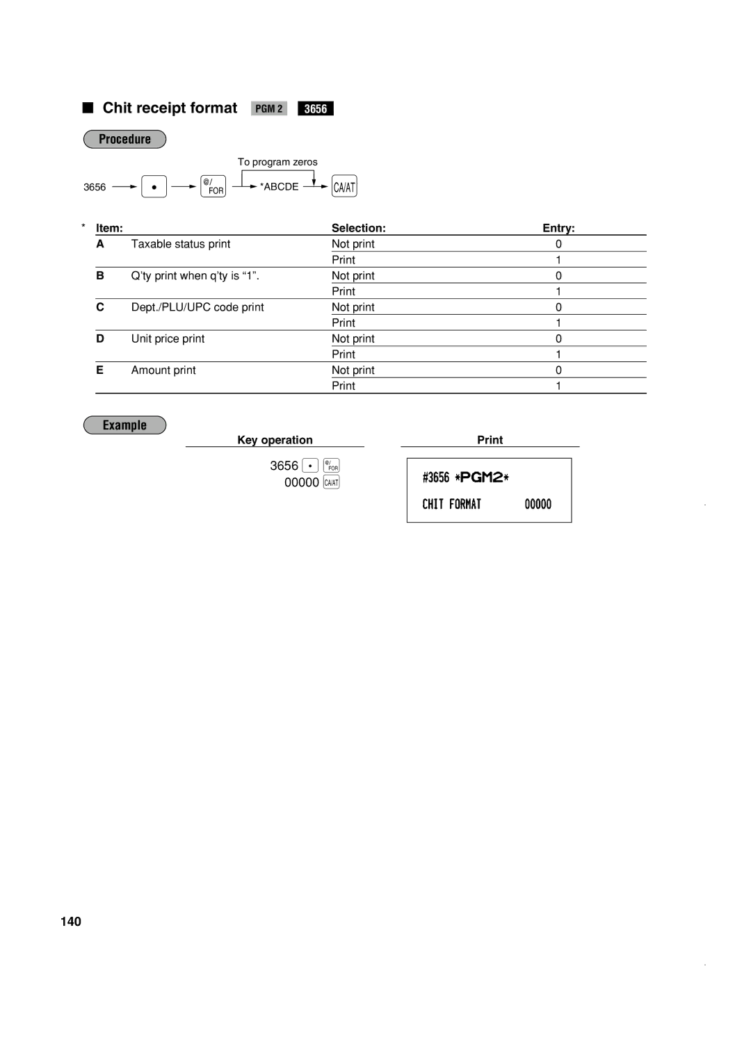 Sony ER-A420, ER-A410 instruction manual Chit receipt format PGM 2, 3656 . @ 00000 Ç, 140 