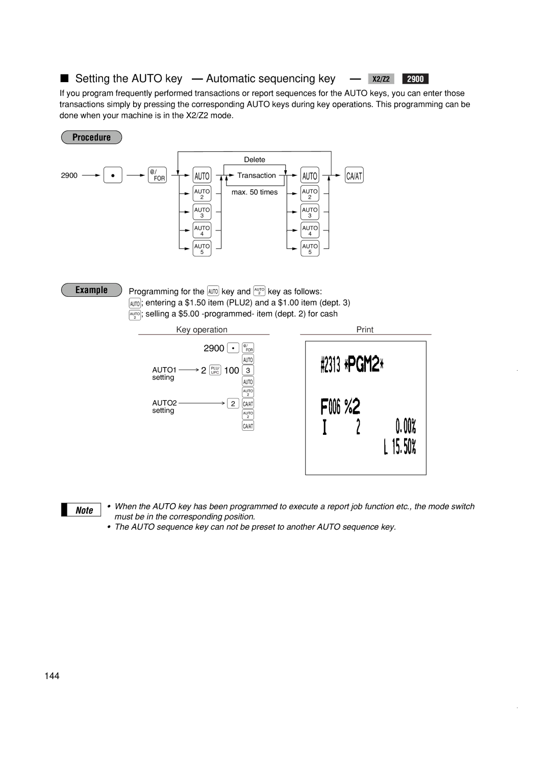 Sony ER-A420, ER-A410 instruction manual Setting the Auto key Automatic sequencing key X2/Z2, 2900 . @ AUTO1 2 UPC 100, 144 