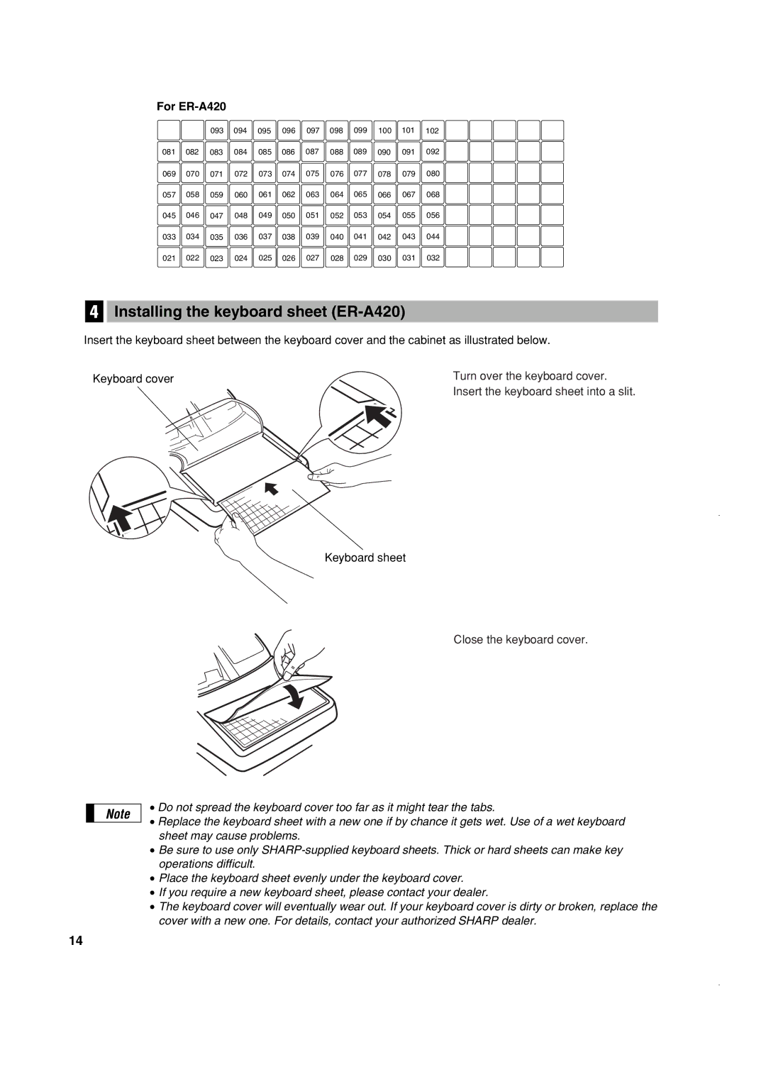 Sony ER-A410 instruction manual Installing the keyboard sheet ER-A420, For ER-A420 