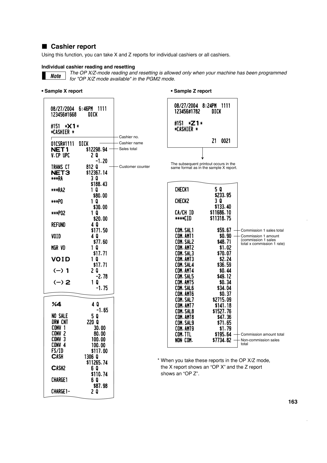 Sony ER-A410, ER-A420 instruction manual Cashier report, 163, Individual cashier reading and resetting 