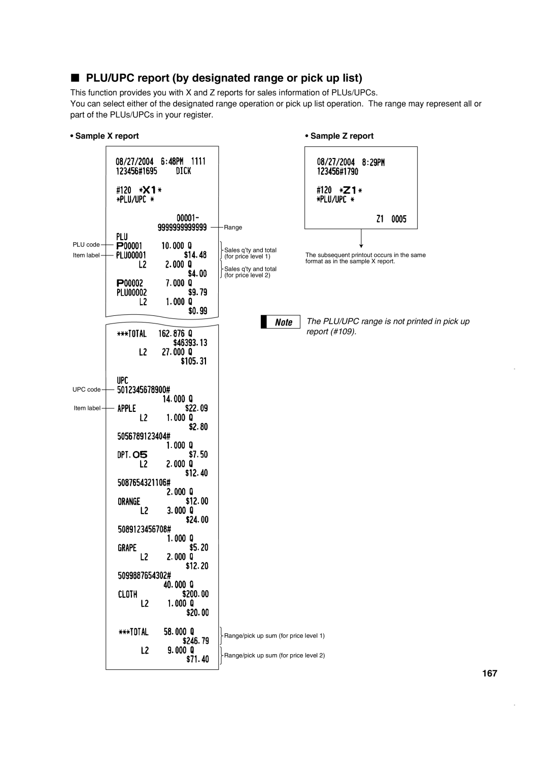 Sony ER-A410, ER-A420 instruction manual PLU/UPC report by designated range or pick up list, 167 