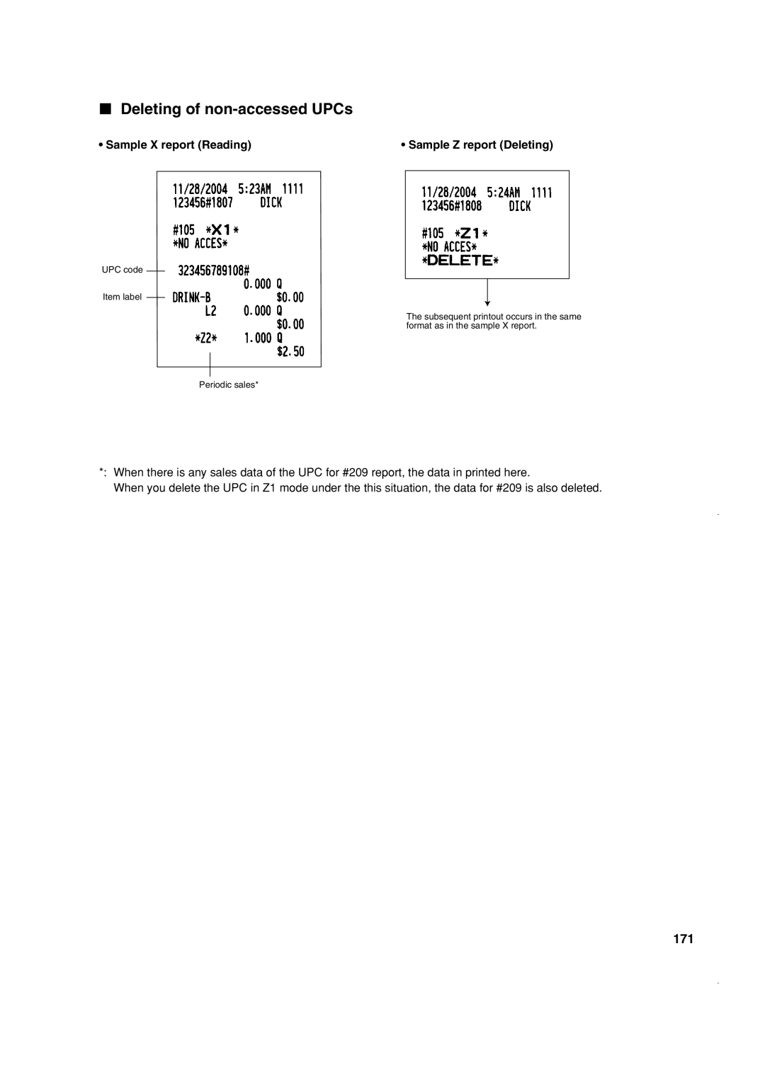 Sony ER-A410, ER-A420 Deleting of non-accessed UPCs, 171, Sample X report Reading Sample Z report Deleting 