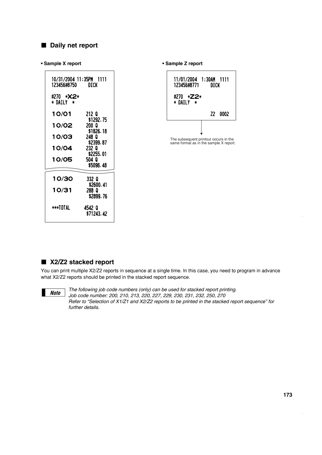 Sony ER-A410, ER-A420 instruction manual Daily net report, X2/Z2 stacked report, 173 