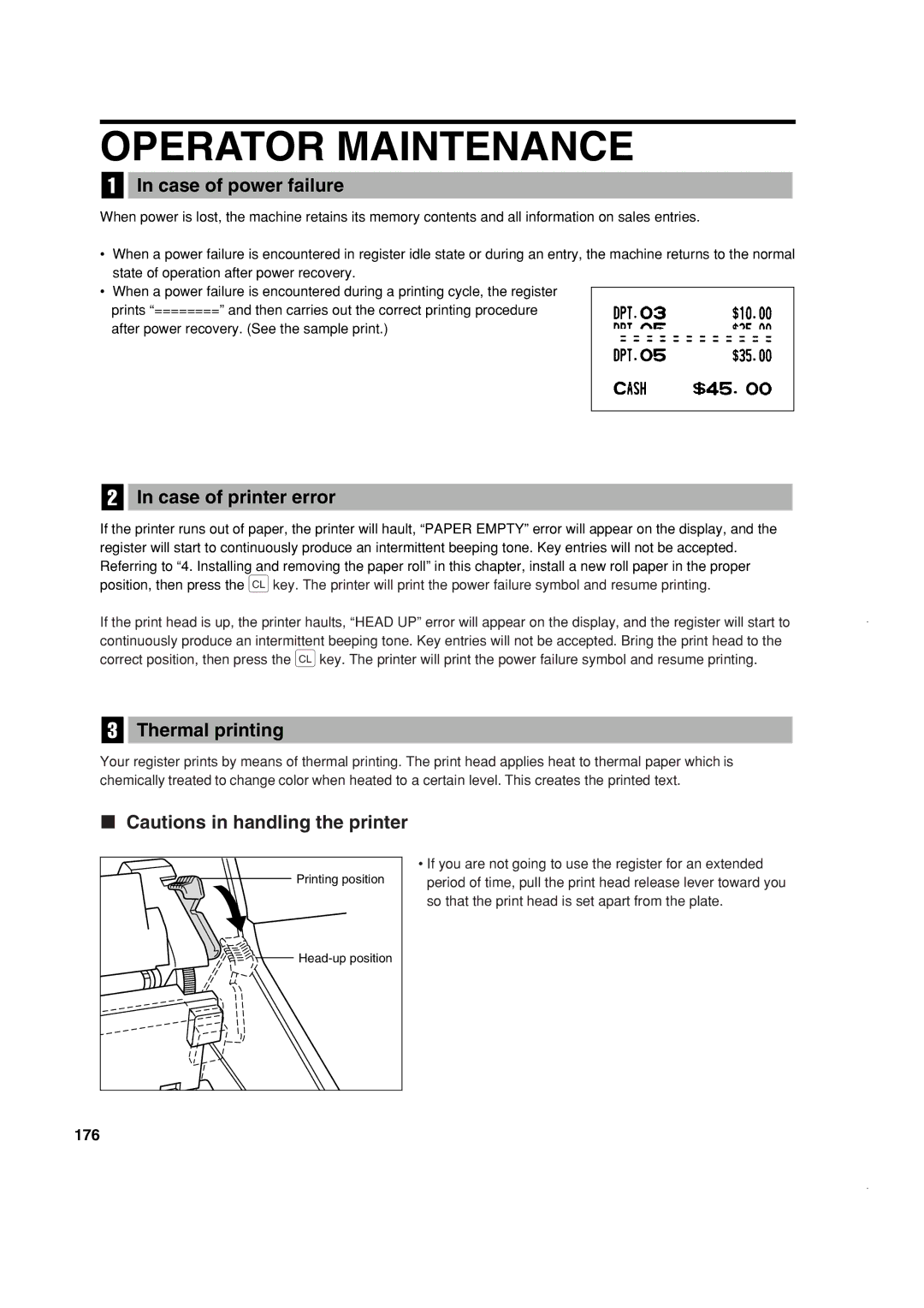 Sony ER-A420, ER-A410 Operator Maintenance, Case of power failure, Case of printer error, Thermal printing, 176 