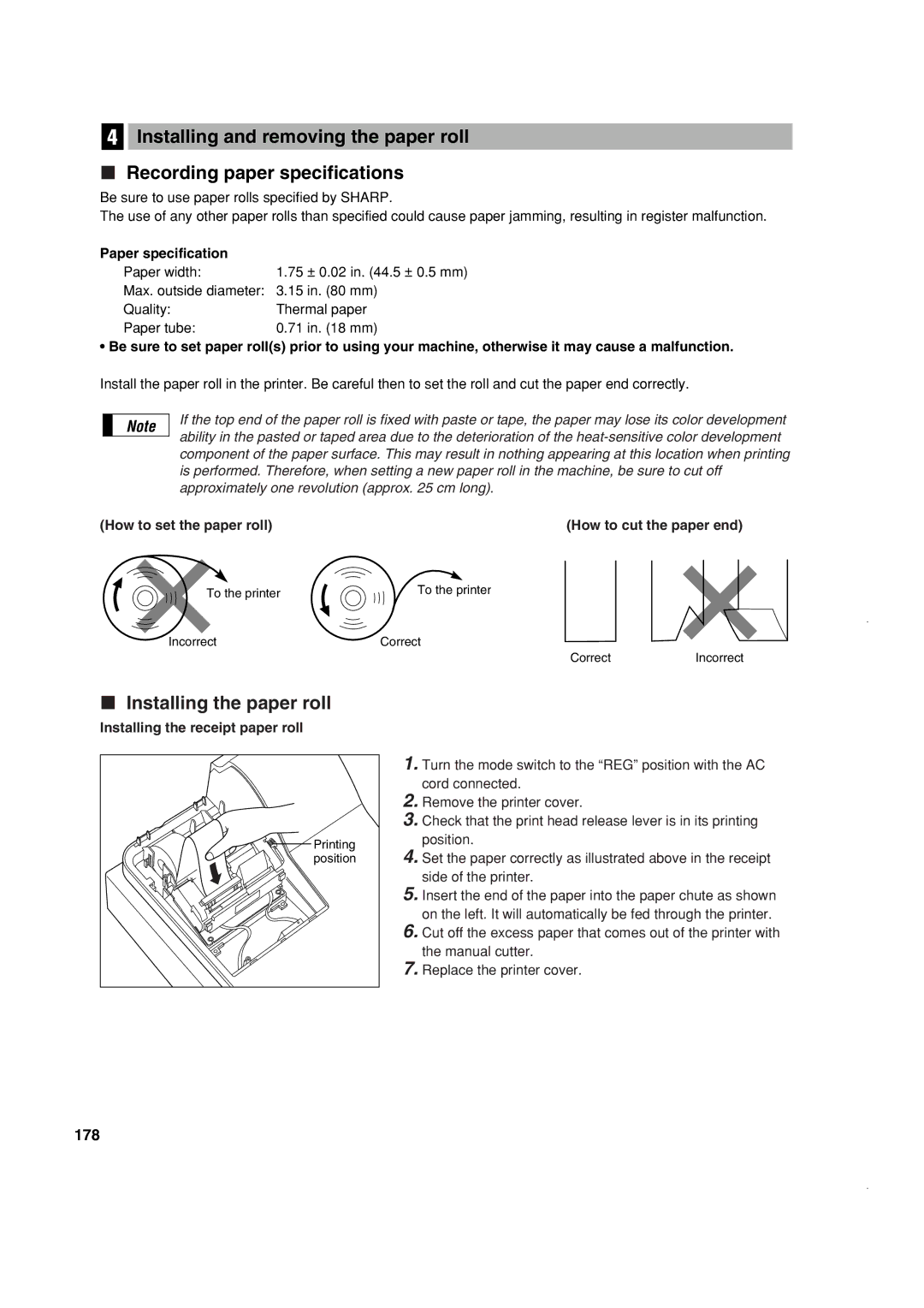 Sony ER-A420 Installing the paper roll, 178, Paper specification, How to set the paper roll How to cut the paper end 