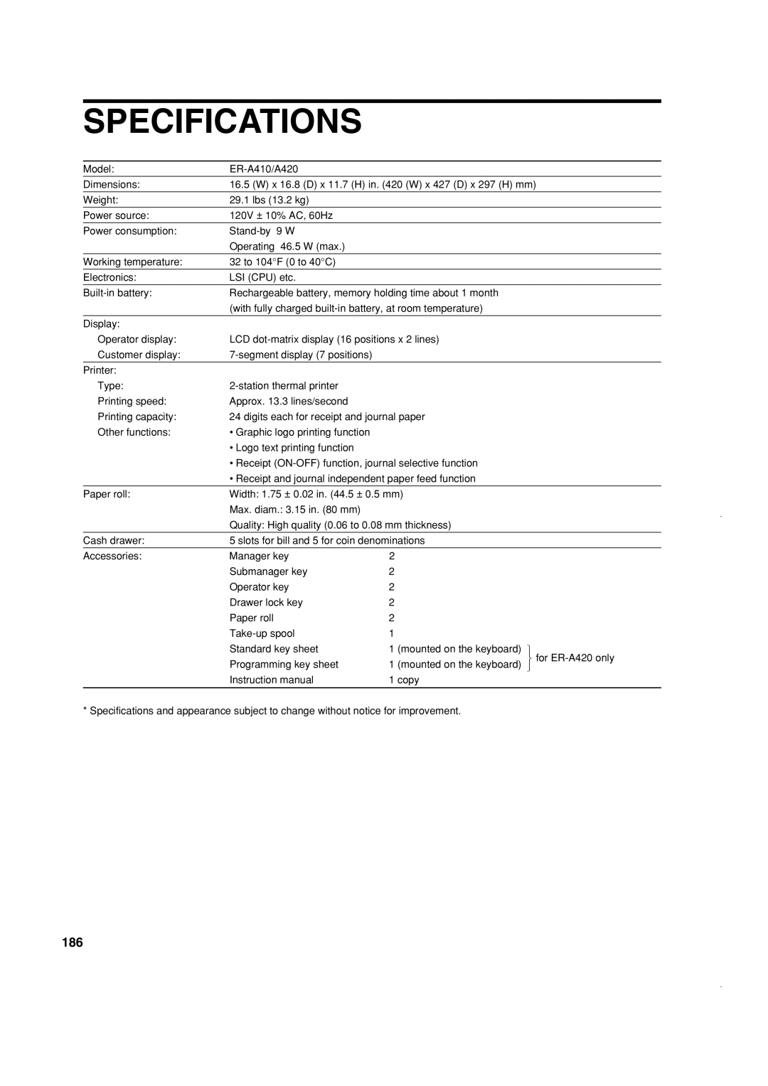 Sony ER-A420, ER-A410 instruction manual Specifications, 186 