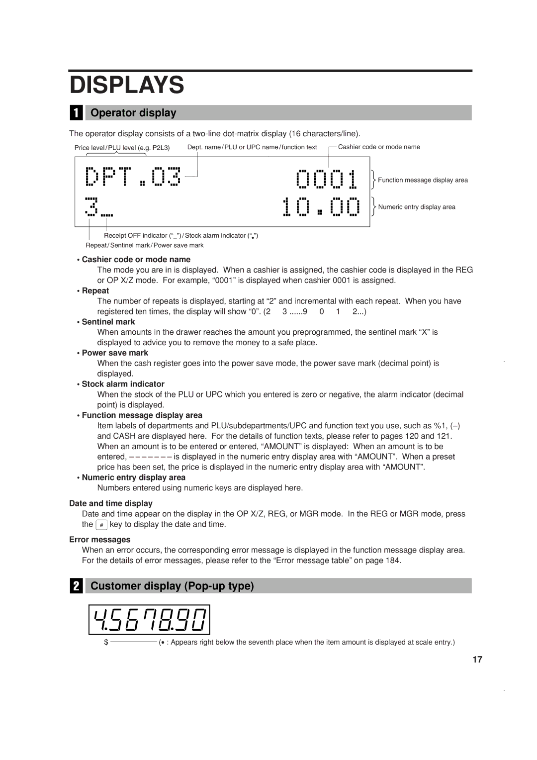 Sony ER-A410, ER-A420 instruction manual Displays, Operator display, Customer display Pop-up type 