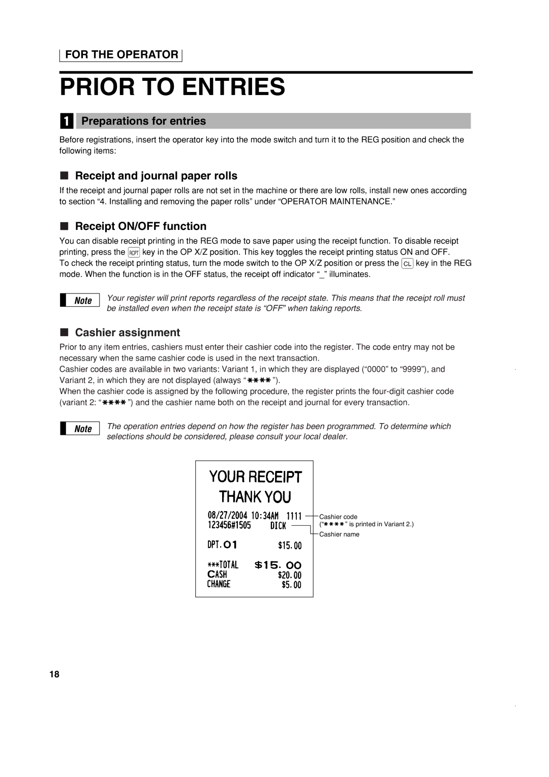 Sony ER-A420, ER-A410 Prior to Entries, Preparations for entries, Receipt and journal paper rolls, Cashier assignment 