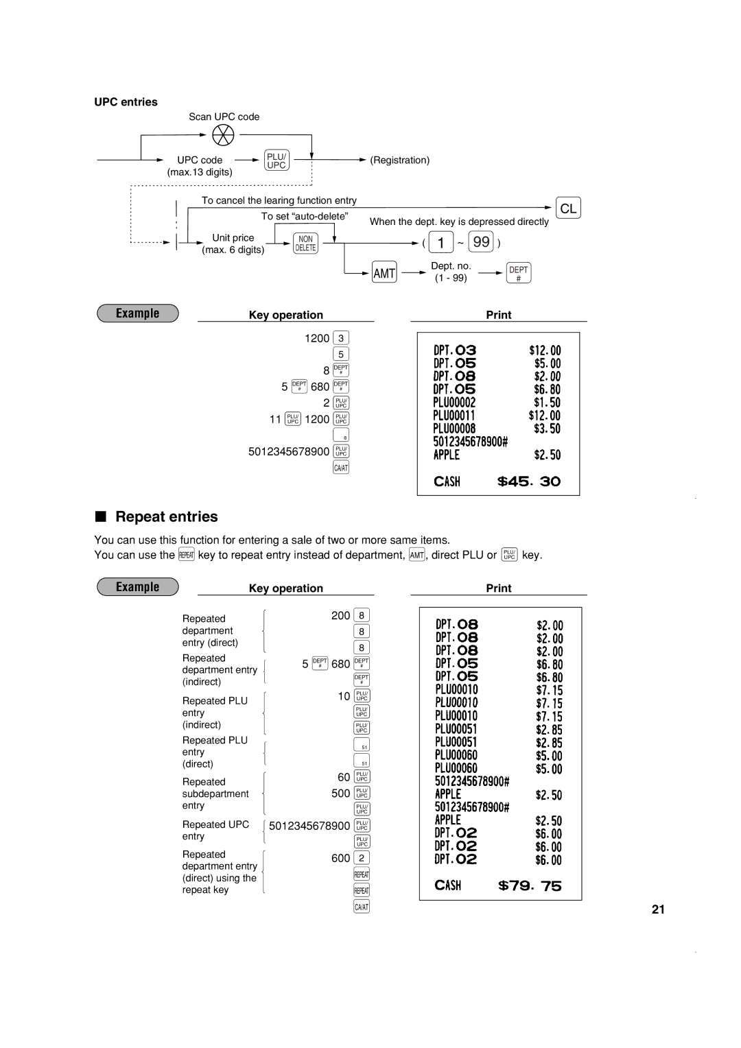 Sony ER-A410, ER-A420 instruction manual Repeat entries, UPC entries, Example Key operation Print 