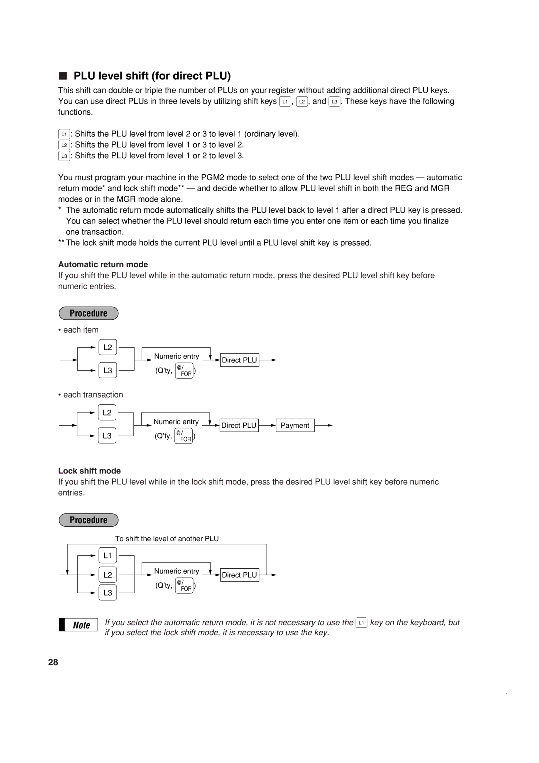 Sony ER-A420, ER-A410 instruction manual PLU level shift for direct PLU, Automatic return mode, Lock shift mode 