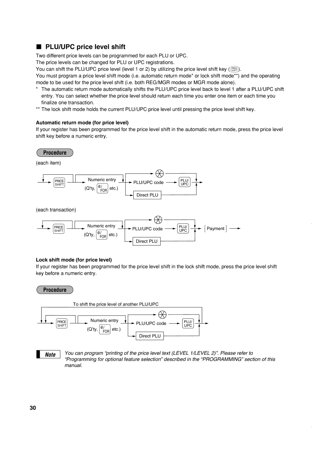 Sony ER-A420, ER-A410 PLU/UPC price level shift, Automatic return mode for price level, Lock shift mode for price level 