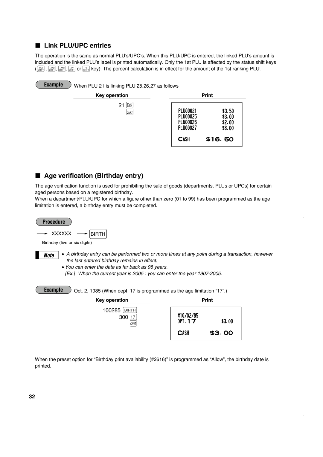 Sony ER-A420, ER-A410 instruction manual 300 17 a, Link PLU/UPC entries, Age verification Birthday entry 