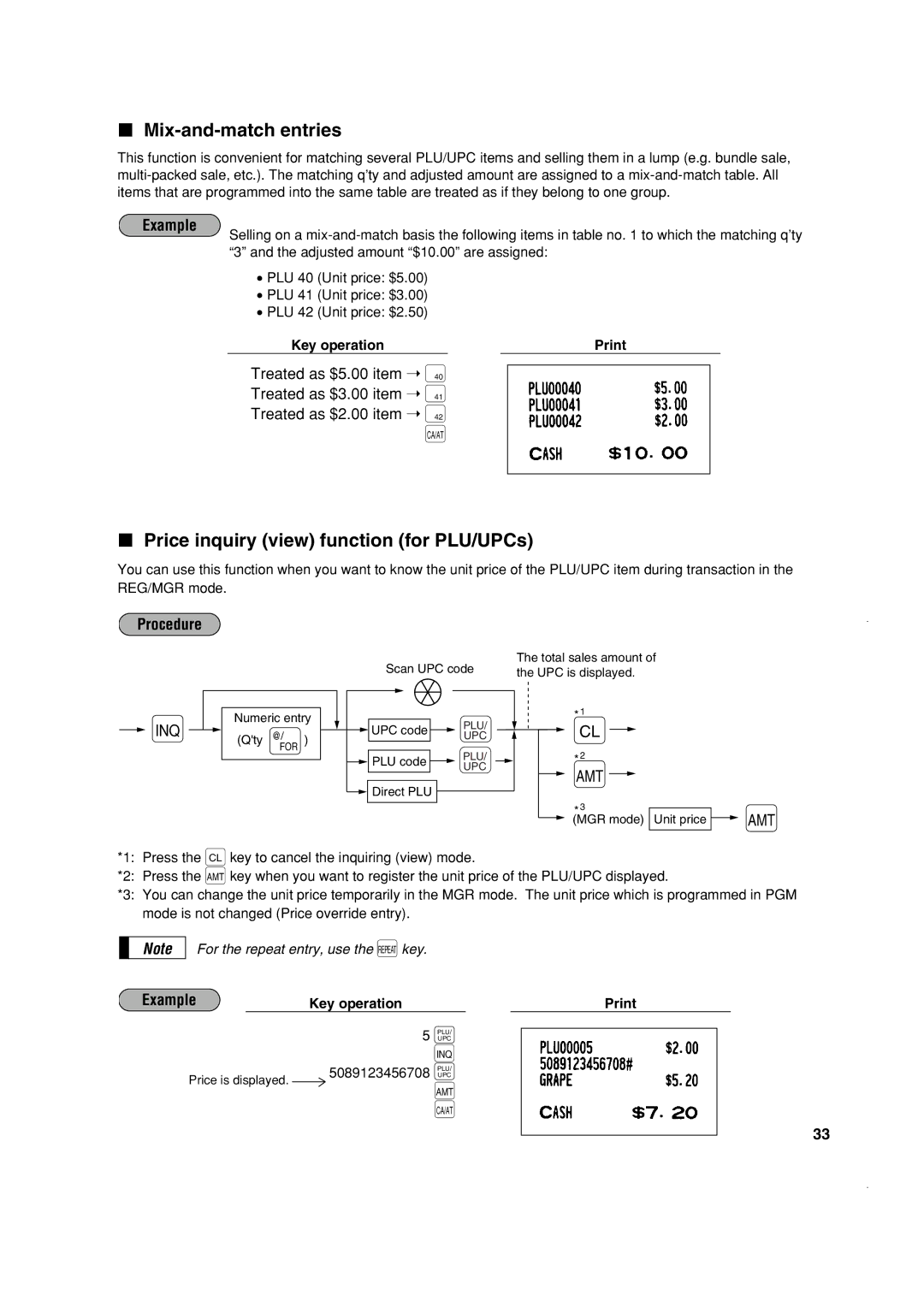 Sony ER-A410, ER-A420 instruction manual Mix-and-match entries, Price inquiry view function for PLU/UPCs 