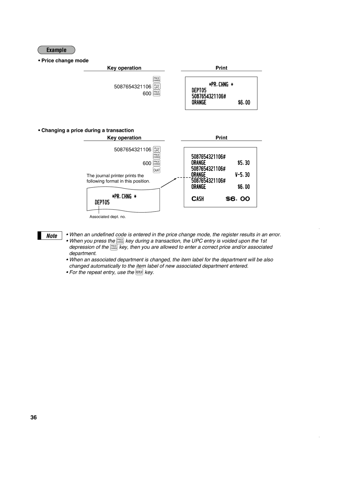 Sony ER-A420, ER-A410 Price change mode Key operation Print, Changing a price during a transaction Key operation Print 